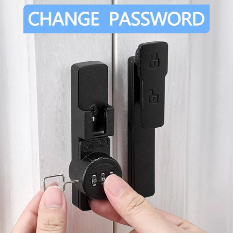 Close-up of a Matte Black 180 Degree Mechanical Password Lock showing the 3-digit keyless flip latch in use on a cabinet.