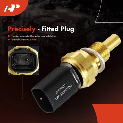 A-Premium 2-pin engine coolant temperature sensor with gold metal body and black connector (side view)