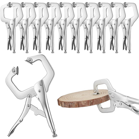 Yexiya 10-piece locking C-clamp set with regular tips and swivel pads, silver metal clamps for woodworking and shop use