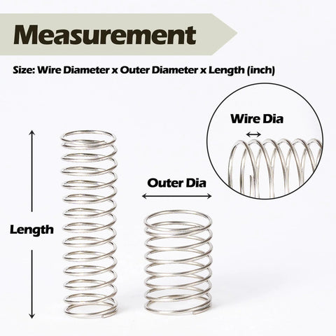 Manderson 185-Pcs stainless steel compression springs kit, 13 sizes; two springs shown with measurement diagram.