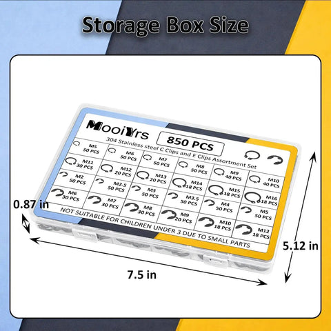 850 Piece C Clip And E Clip Retaining Ring Kit With 24 Sizes From M2 To M16 Carbon Steel Heavy Duty Snap Ring Pliers And Tweezers For Auto Repair And DIY Projects in storage box.