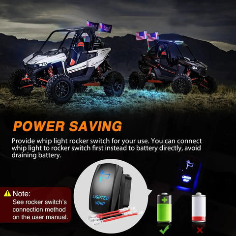 Two ATVs with 2 Pack 2 Foot RGB LED Whip Light Kit With Bluetooth App Control, displayed at night with power-saving options.