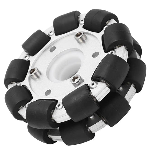 Front view of a Durable 100mm Double Aluminum Omni Directional Wheel For Robots With 30Kg Load Capacity And No Fuss 360 Degree Movable Rubber Rollers.