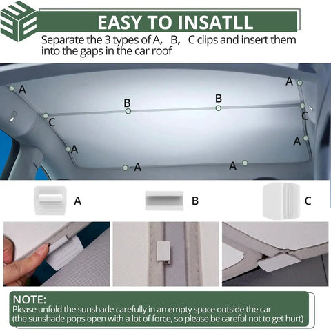 Installation of Model Y Sunshade Roof Cover For Tesla 2020 To 2025 with clips A, B, C for heat and UV protection.