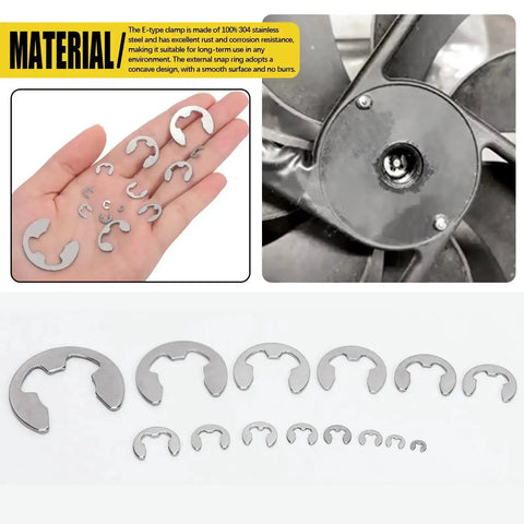 Stainless Steel E Clip Assortment Kit With 14 Sizes For DIY And Mechanical Repairs External Retaining Rings In 1.5 To 15 Mm 211 Pieces With Tweezers And Storage Box displayed in hand and on machinery.