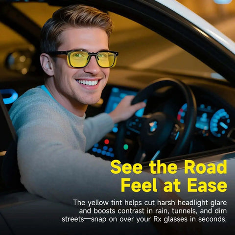 Night Vision Clip On Glasses 2 Pack Polarized Yellow Lens UV400 Anti Glare Driving Clip Over Prescription Glasses 57x40mm worn by driver