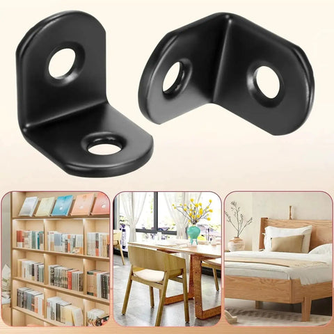 Black Stainless Steel L Bracket Shelf Brackets Set For Wood Corners, Corner Mounting Braces, shown in shelving applications.