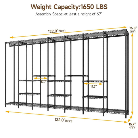 Diagram of Extra Large Industrial Pipe Clothing Rack with Shelves and Hanging Rods, 122 Inch Wide, 1650 Lbs Capacity