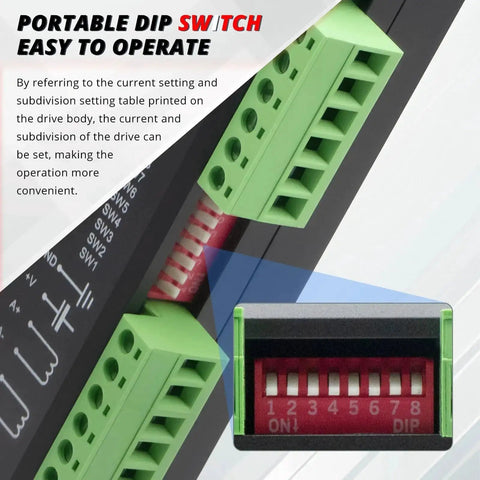 Close-up of DM542 CNC Digital Stepper Motor Driver showing DIP switch and settings guide for easy adjustment.