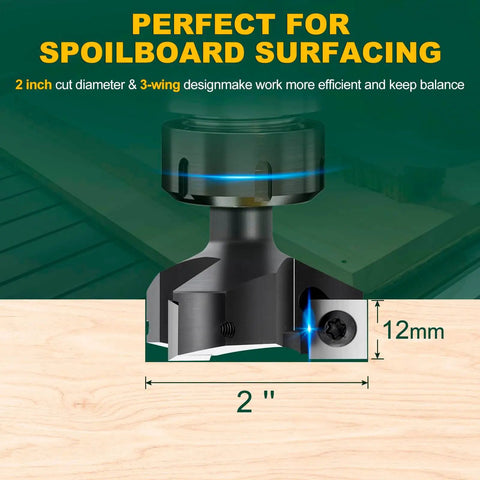 Slab Flattening Router Bit With 1/2 Inch Shank, 2 Inch Cutting Diameter, Three Wings For Spoilboard Surfacing And Wood Planing
