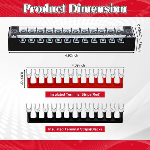 Dimensions of 20 Pcs 10 Sets Terminal Block 12 Position Dual Row 15A 600V Screw Terminal Strip with red and black strips