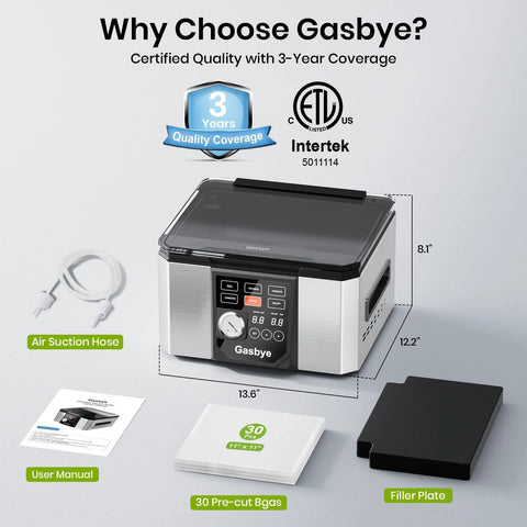 Gasbye chamber vacuum sealer, stainless steel with black control panel; 5.3 QT large chamber, includes 30 pre-cut bags.