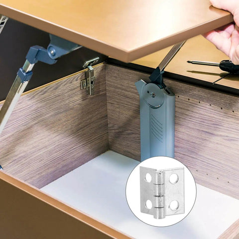 Miniature Decorative Box Hinges Set 100 Pcs Silver 8x10mm With Nails installed in wooden cabinet for DIY projects.