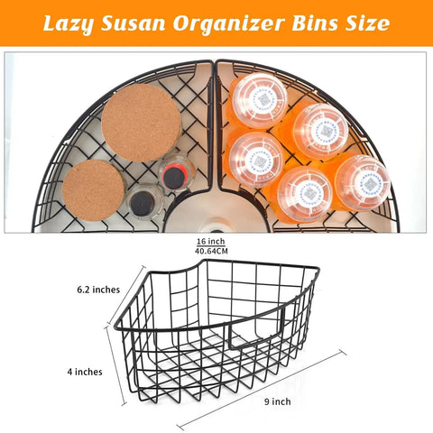 2 Pack Lazy Susan Baskets With 1 Quarter Wedge Bins For 18 To 20 Inch Turntable Cabinet Organizer, showing size and detail.