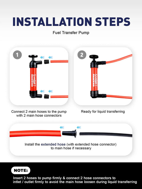 Installation steps for Hand Fluid Transfer Pump Siphon For Gas Oil RV Antifreeze Lawn Mower Fish Tank with hose connection illustrations.