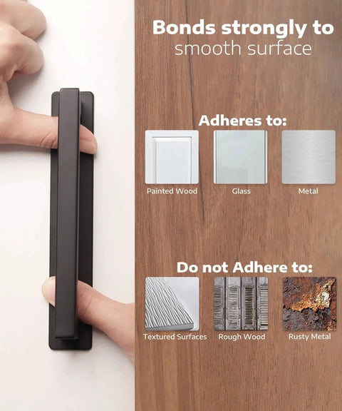 2 Pack Adhesive Cabinet Handles 6 Inch Self Stick Drawer Pulls shown adhering to smooth surfaces like painted wood, glass, and metal