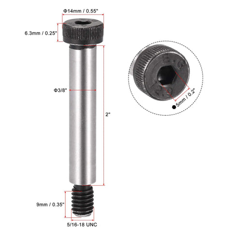 Alloy Steel Hex Socket Shoulder Bolts With 2 Inch Shoulder Length And 3/8 Inch Shoulder Diameter 5/16-18 UNC Thread 6 Pack