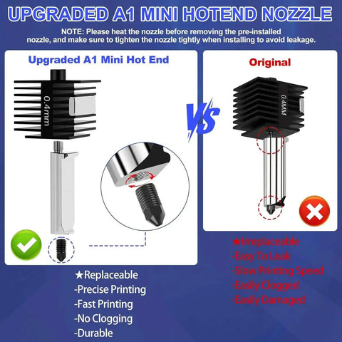 Comparison of upgraded A1 Mini hotend nozzle and original, highlighting features of the 2 Pack Pro Grade Hotend Kit For A1 And A1 Mini 3D Printer.