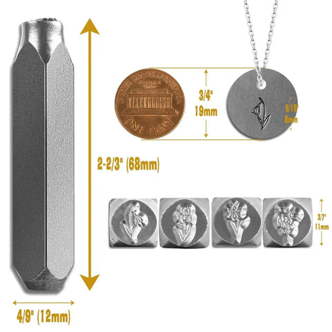 Image showing the Birth Month Flower Metal Stamping Kit with a close-up of punch stamps, size comparisons, and metal disc engraved with a flower.