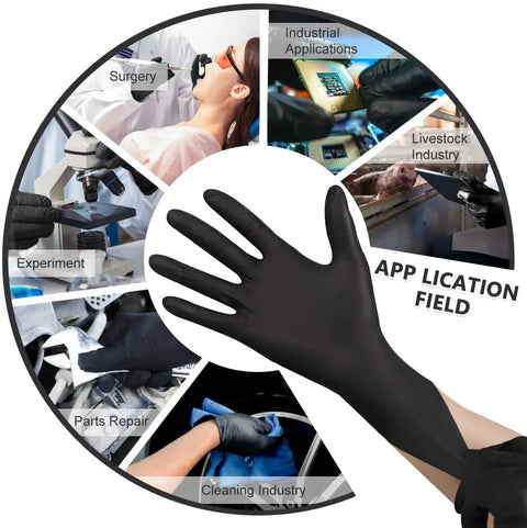 Black Nitrile Latex Free Gloves Pack 100 Textured Fingertips For Food Handling shown with application examples like surgery and cleaning.