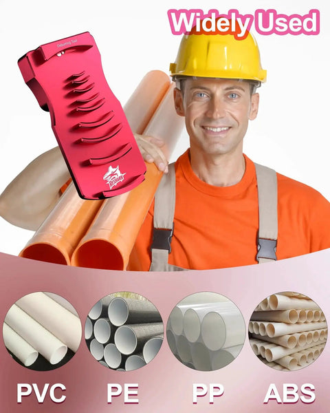 Nine In One PVC Pipe Deburring Tool With Adjustable Chamfer near smiling worker with SCH40 PVC and CPVC pipes