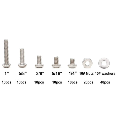 Assorted stainless steel screws, hex nuts and flat washers; 1 in, 5/8 in, 3/8 in, 5/16 in, 1/4 in; 20 nuts, 40 washers.