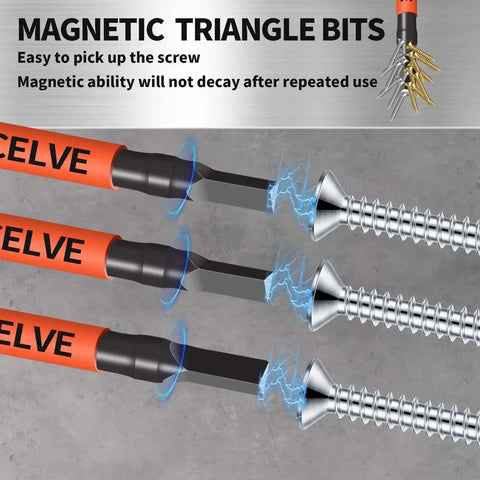 Professional Grade Triangle Screwdriver Set By Dyrecelve With Magnetic Head And S2 Steel Triangle Bits interacting with screws