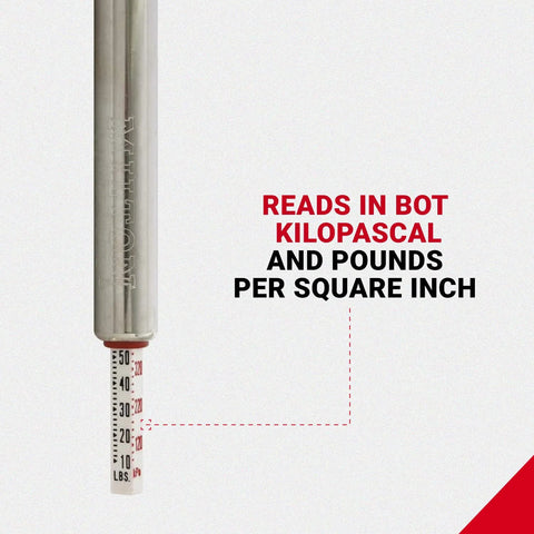 Milton S-928 pencil-style tire pressure gauge with metal body, reads PSI and kPa.