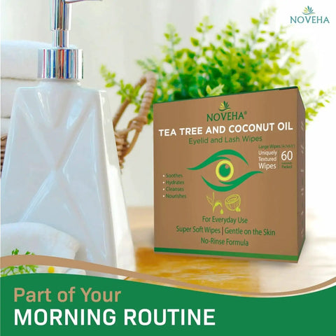 Tea Tree And Coconut Oil Eyelid And Lash Wipes Individually Wrapped For Demodex in bathroom setting