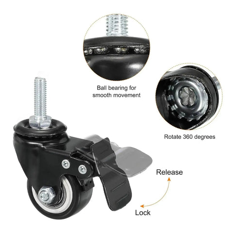 4 Pack 1.5 Inch Heavy Duty Threaded Stem Swivel Casters With Brake M8x25 Threaded Stem And Nuts Load Capacity 75 Lbs Each 300 Lbs Per Set