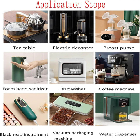 Various applications of Compact 12V DC Air Pump Booster With Silent High Flow Mini Design For Medical Equipment, Aquariums, Water Dispensers, Coffee Machines, And More, Pack Of 2, shown in use with household devices like coffee machines and water dispensers.