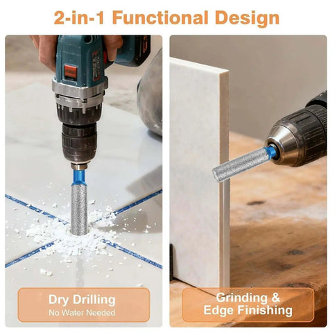 Dry Diamond Drill Bit Set For Glass And Tile, 5 Piece Extended Core Bits For Porcelain Ceramic And Marble, shown in use.