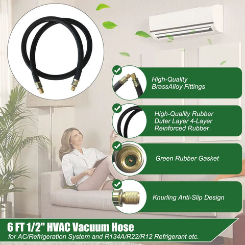 NHB1 6ft HVAC vacuum hose, 1/2in ID with brass fittings, black rubber outer for refrigerant evacuation (Amazon)