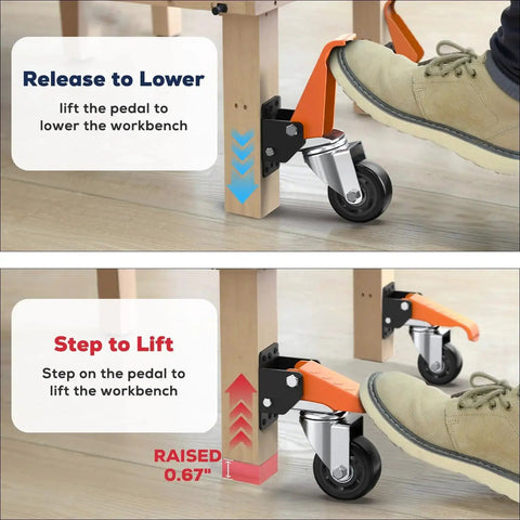 3 Inch Side Mount Swivel Workbench Castors With Step Lift Pedal For Easy Mobility demonstrating lifting and lowering mechanism.