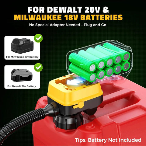 Battery compartment of Cordless Fuel Transfer Pump With Auto Stop For No Mess Fueling Three Point Two GPM Flow Portable Diesel And Gas Pump With Fifty One Inch Hose Includes Three Adapters Compatible With Twenty Volt And Eighteen Volt Batteries Bare Tool Yellow