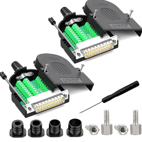 Two-pack No Soldering Needed DB25 Male And Female Serial Adapters Kit for DIY RS232 with terminal connectors, bolts, and nuts.
