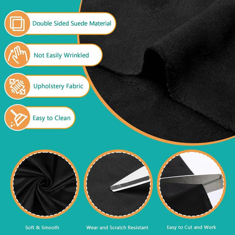 Double Sided Faux Suede Headliner Fabric Without Foam Backing Cars Trucks SUVs, black fabric with scissors and features listed
