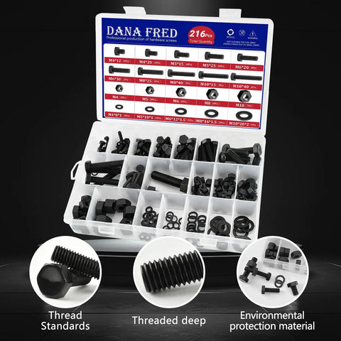 Black Nylon Hex Bolt Nut Washer Kit For Electronics DIY Tinker Friendly 216pcs M4 To M10 in storage box, various sizes visible
