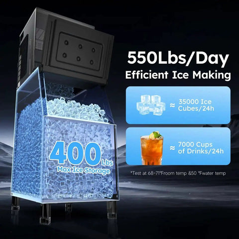 Industrial Ice Maker Workhorse With 550 Lbs Per Day Output And 400 Lbs Storage, shown with ice display and features