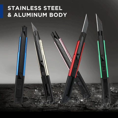 Retractable Utility Knife With 10 Extra 9mm Blades And Aluminum Cutter Pack 5, various colors showing aluminum body design