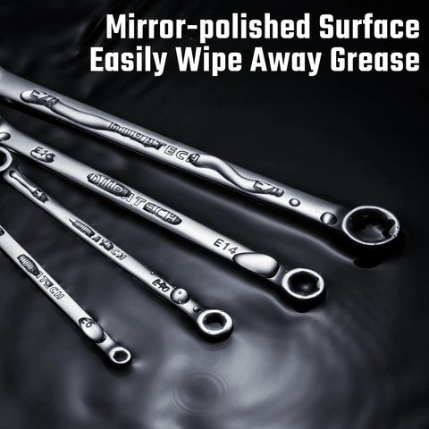 Four Piece E Torx Wrench Set With Double Box End Wrenches In Chrome Vanadium Steel shown with mirror-polished finish.