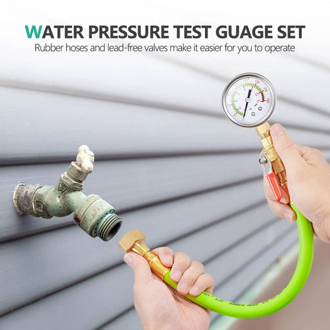 Pronese stainless water pressure test gauge kit, 2 inch dial, 12 inch EPDM hose, brass adapters, color-coded, 0-200 psi