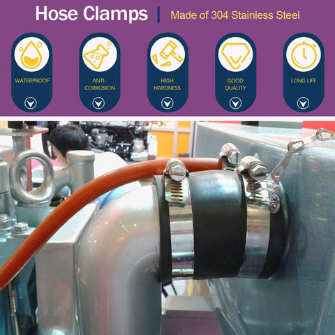 Hose clamps, 304 stainless steel, 9–10 inch range, worm-gear clamp installed on metal pipe