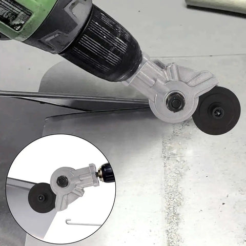 Pro Grade Drill Nibbler Kit For Sheet Metal Cutting Attachment in use, cutting through metal with electric drill, close-up view