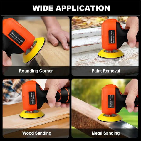 Cordless 3 Inch Palm Sander Kit With 16.8V 3.0Ah Liion Battery demonstrating rounding, paint removal, wood, and metal sanding.