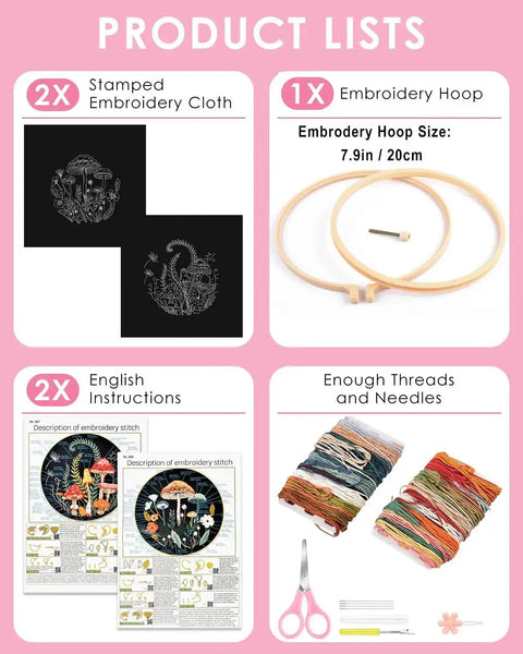 Two Pack Embroidery Kit For Grownups Beginner Friendly With Mushroom Pattern Hoops Tools Colorful Threads Needles And Step By Step Instructions DIY Starter Set displaying contents: stamped cloth, hoop, instructions, threads, and needles.