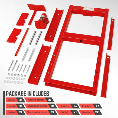 Disassembled parts of 6 Ton Hydraulic Shop Press With H Frame Floor Model for auto and metalwork, shown with components labeled.