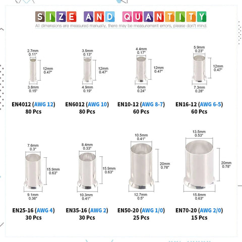 380 Pcs Wire Ferrule Kit With Eight Sizes From AWG 12 To 2/0 Copper Silver Plated Crimp Connectors Non Insulated End Terminals Assortment In Clear Storage Box For Your DIY Electrical Projects diagram showing various ferrule sizes.