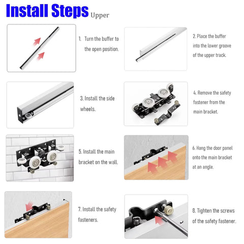 Installation steps for hidden sliding barn door hardware and track with invisible sliding door system.