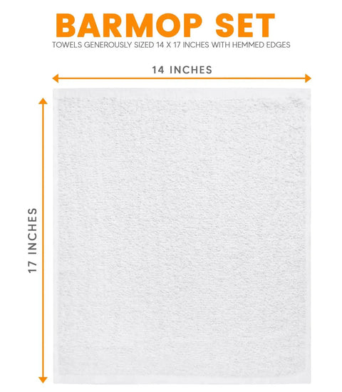 Absorbent Quick Dry Bar Mop Towels Pack Of 60, 14x17 commercial grade cotton white towel, size measurements shown
